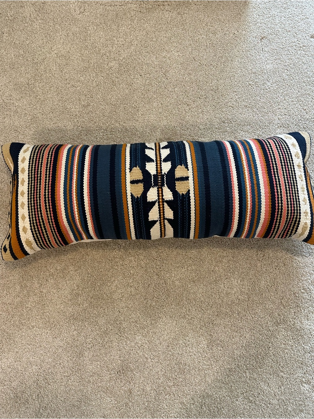 West Elm Navy Striped Kilim Lumbar Pillow with Multi-Color Accents